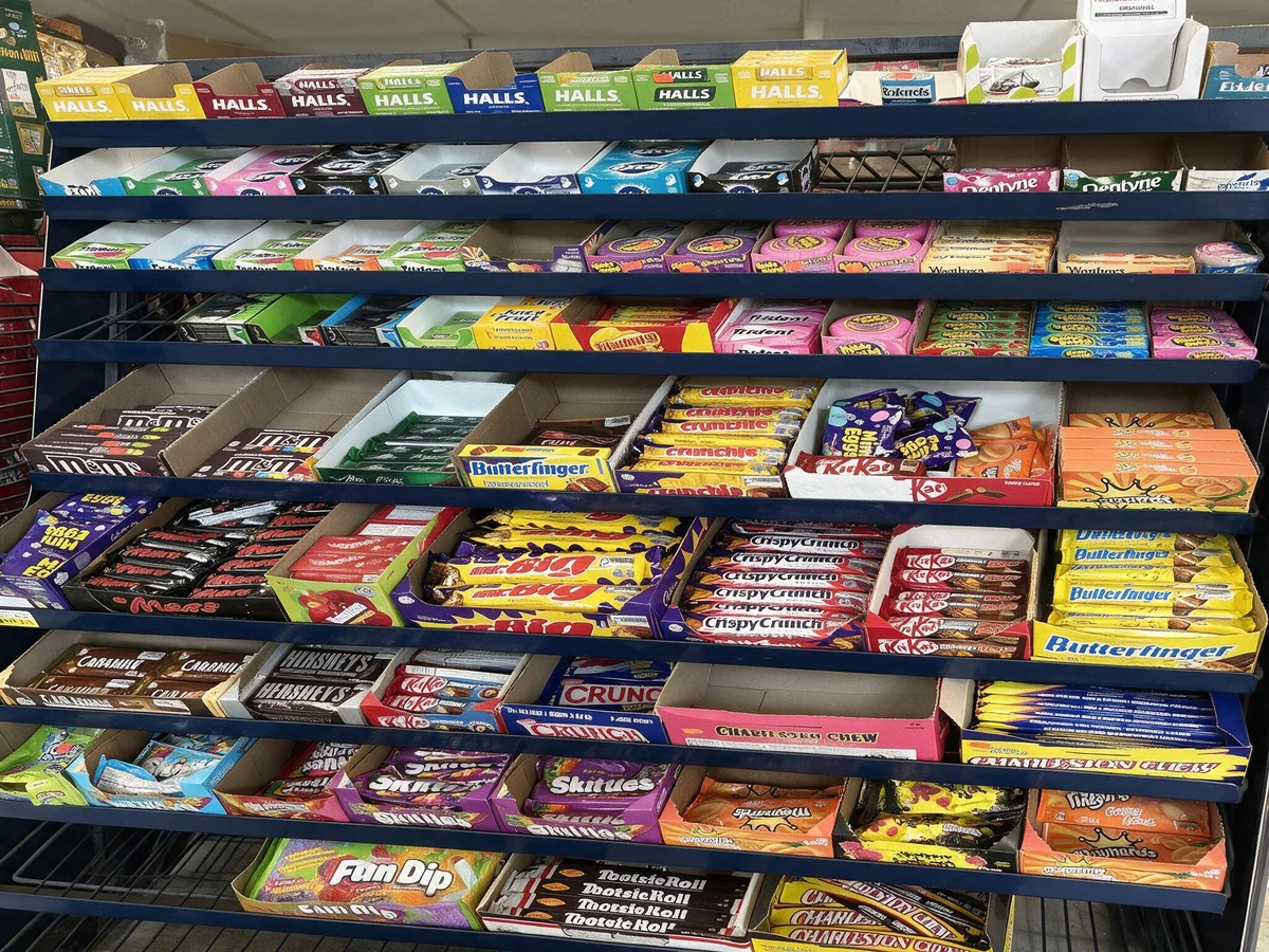 A wall of chocolate bars, gum and candy