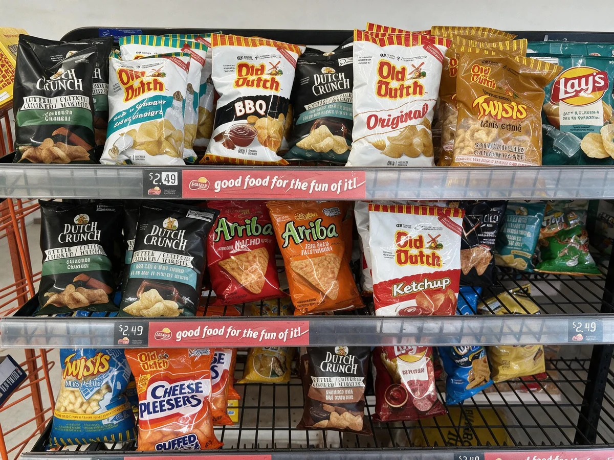 Chip display with Old Dutch, Lay's and Doritos