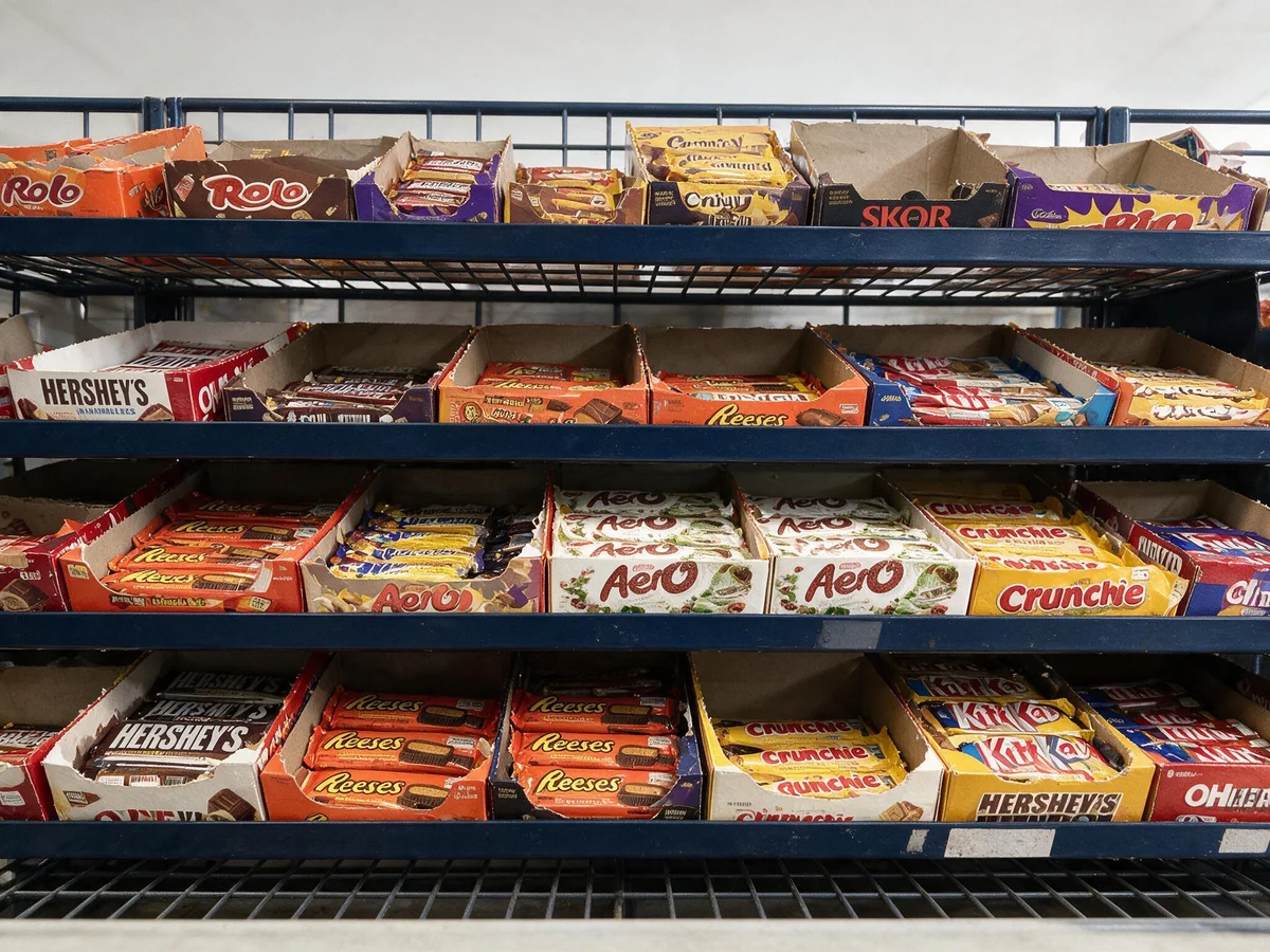 Shelves of chocolate bars and confectionery