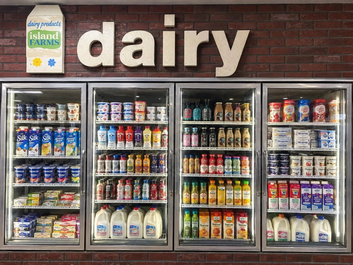 The dairy cooler under the dairy sign