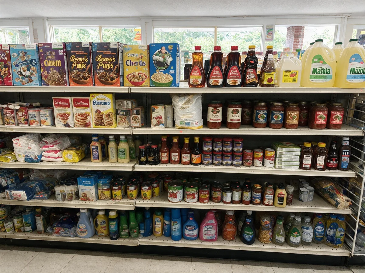 Grocery aisle with cooking oil, sauces and pantry staples