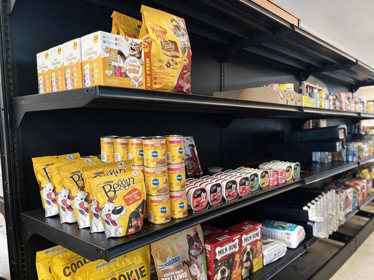Pet food shelf with dog and cat food and treats