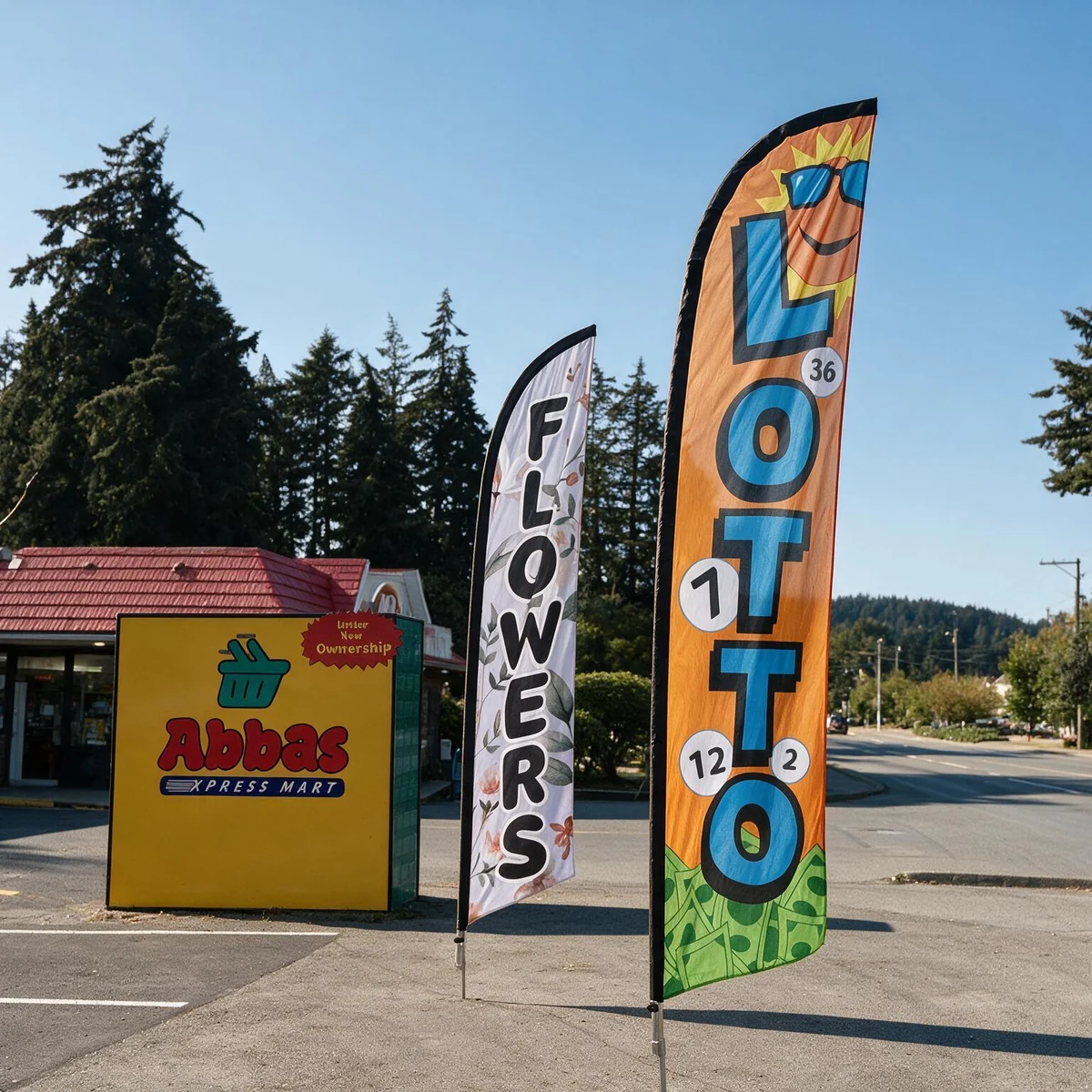 Flowers and Lotto feather flags at the roadside
