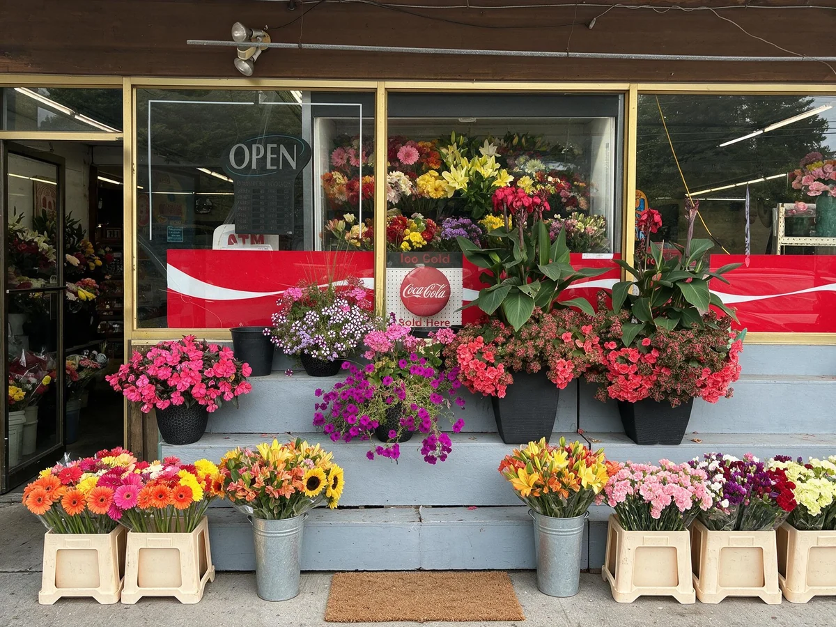 The storefront with the outdoor flower display beside the door