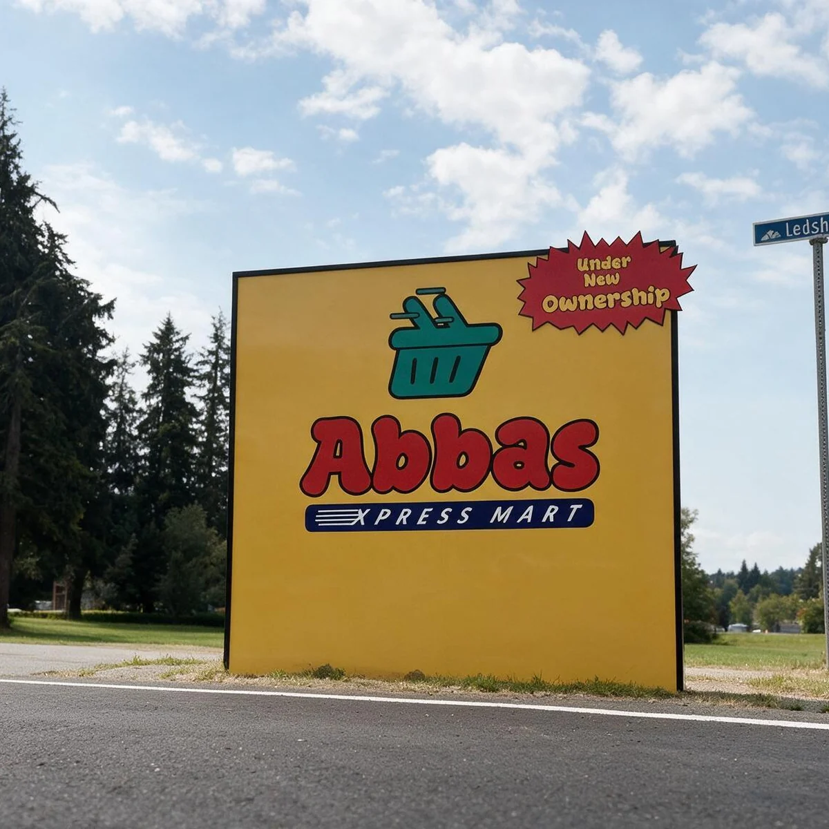 The yellow Abbas Xpress Mart roadside sign against a blue sky