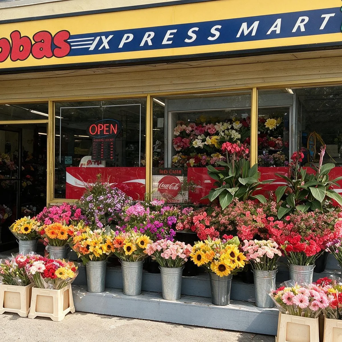 The Abbas Xpress Mart storefront with flowers outside the door