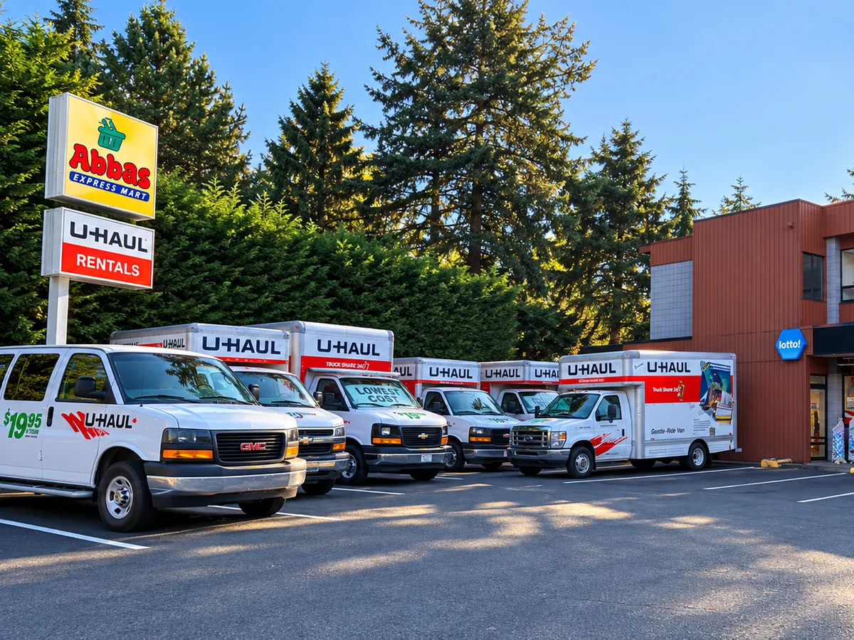 U-Haul trucks and cargo vans parked outside the store