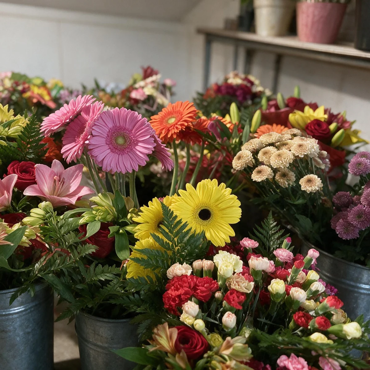 Lily and rose bouquets by the stand