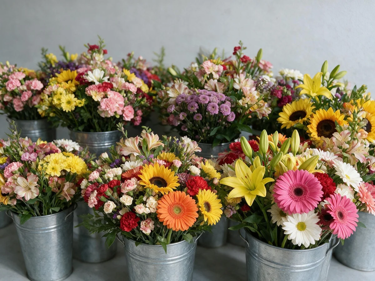 Buckets of assorted fresh bouquets in the store