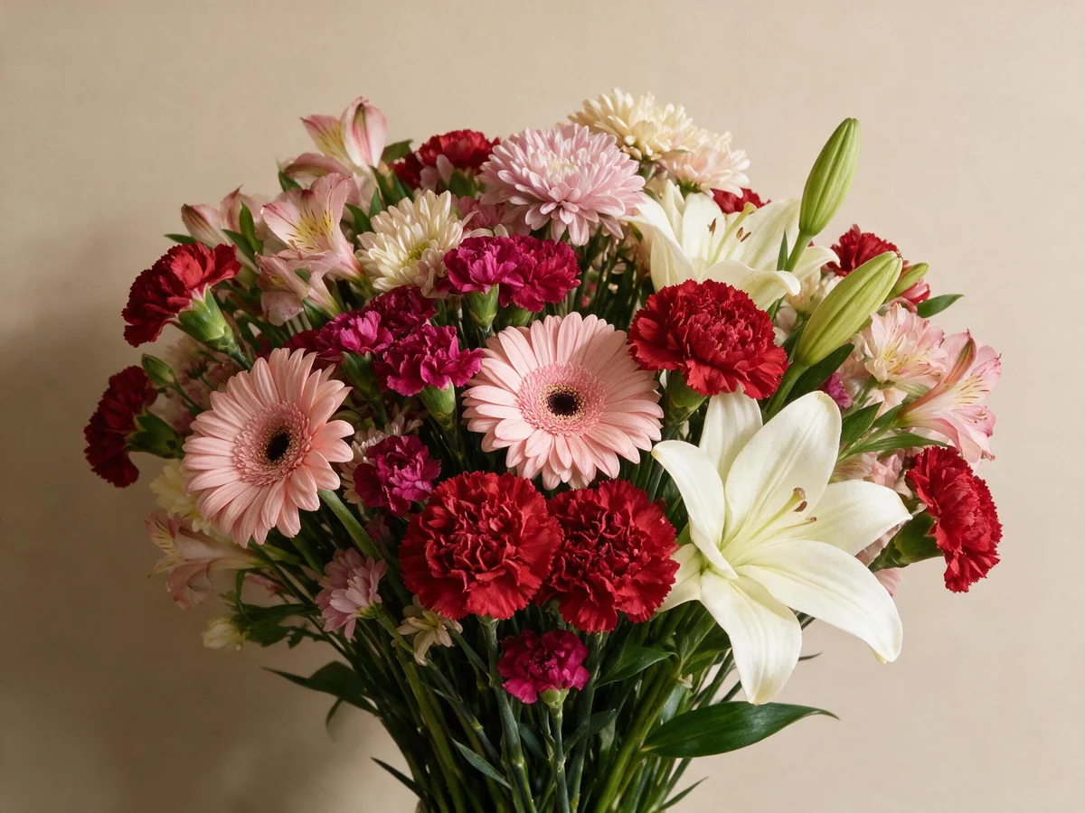 Roses and carnations wrapped in bunches