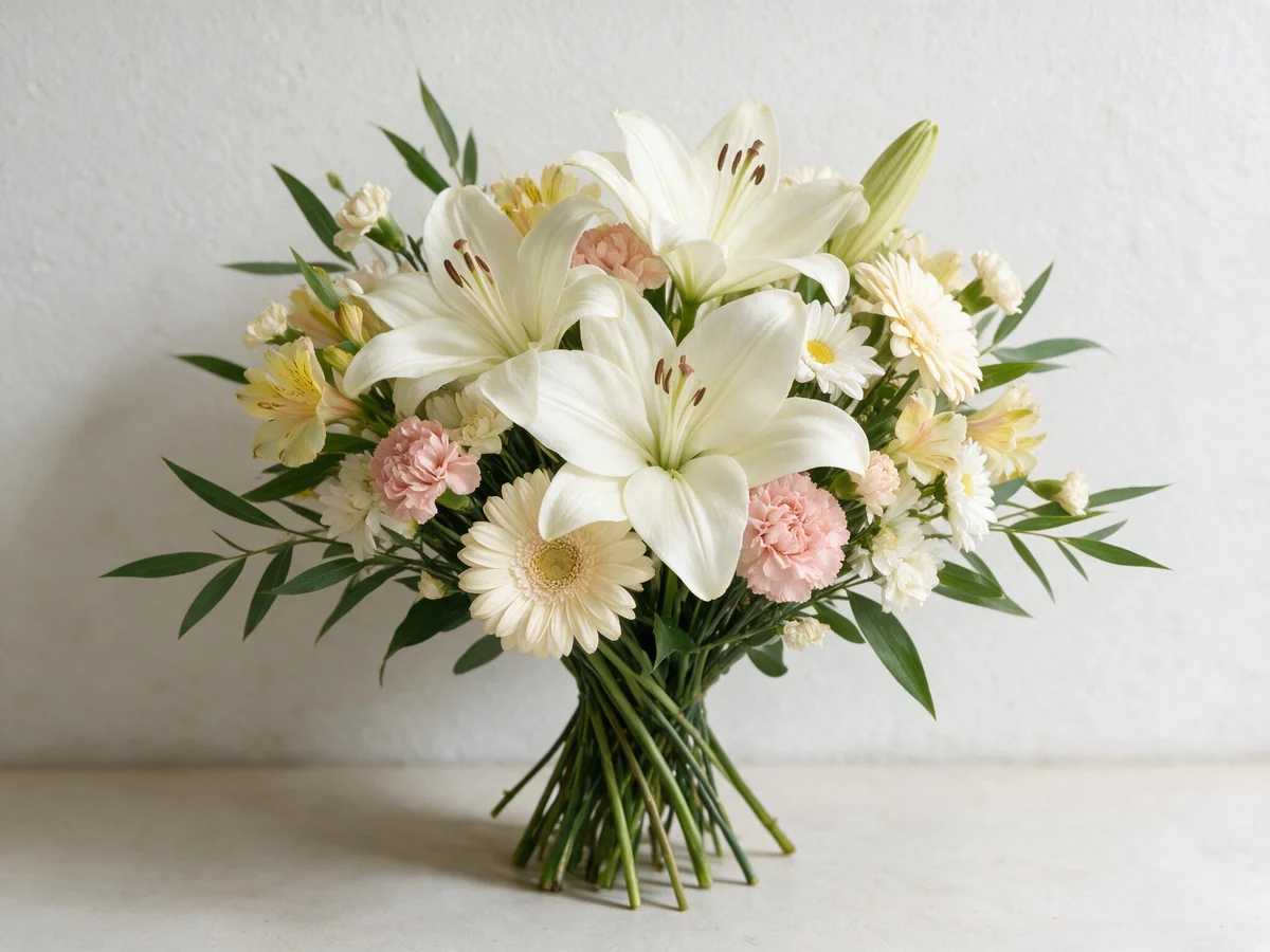 A single white lily bouquet with greenery