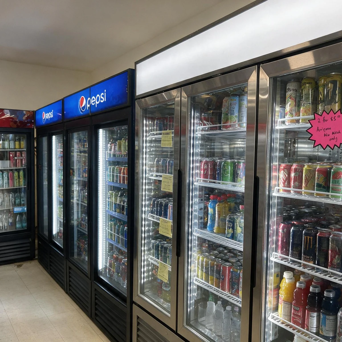 The cold drinks aisle between the coolers
