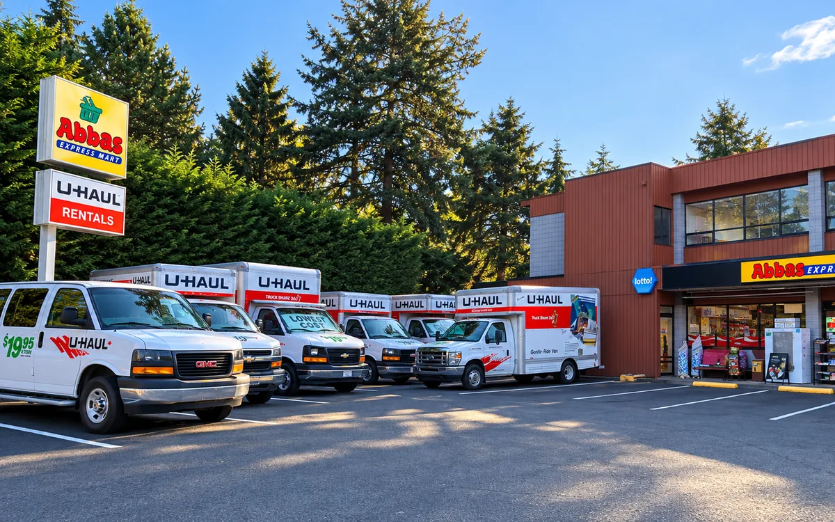 U-Haul trucks and cargo vans parked outside Abbas Xpress Mart